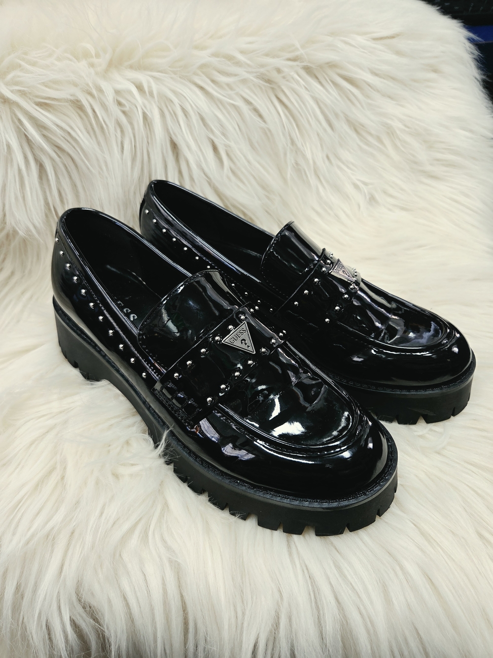 Guess Black Patent Platform Loafers with Studs